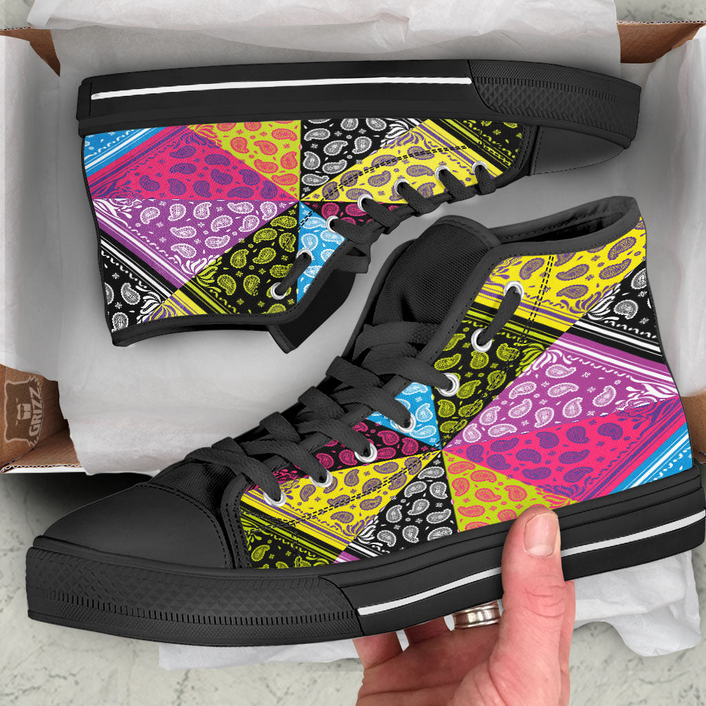 Bandana Paisley Colorful Square Print Black High Top Shoes-grizzshop