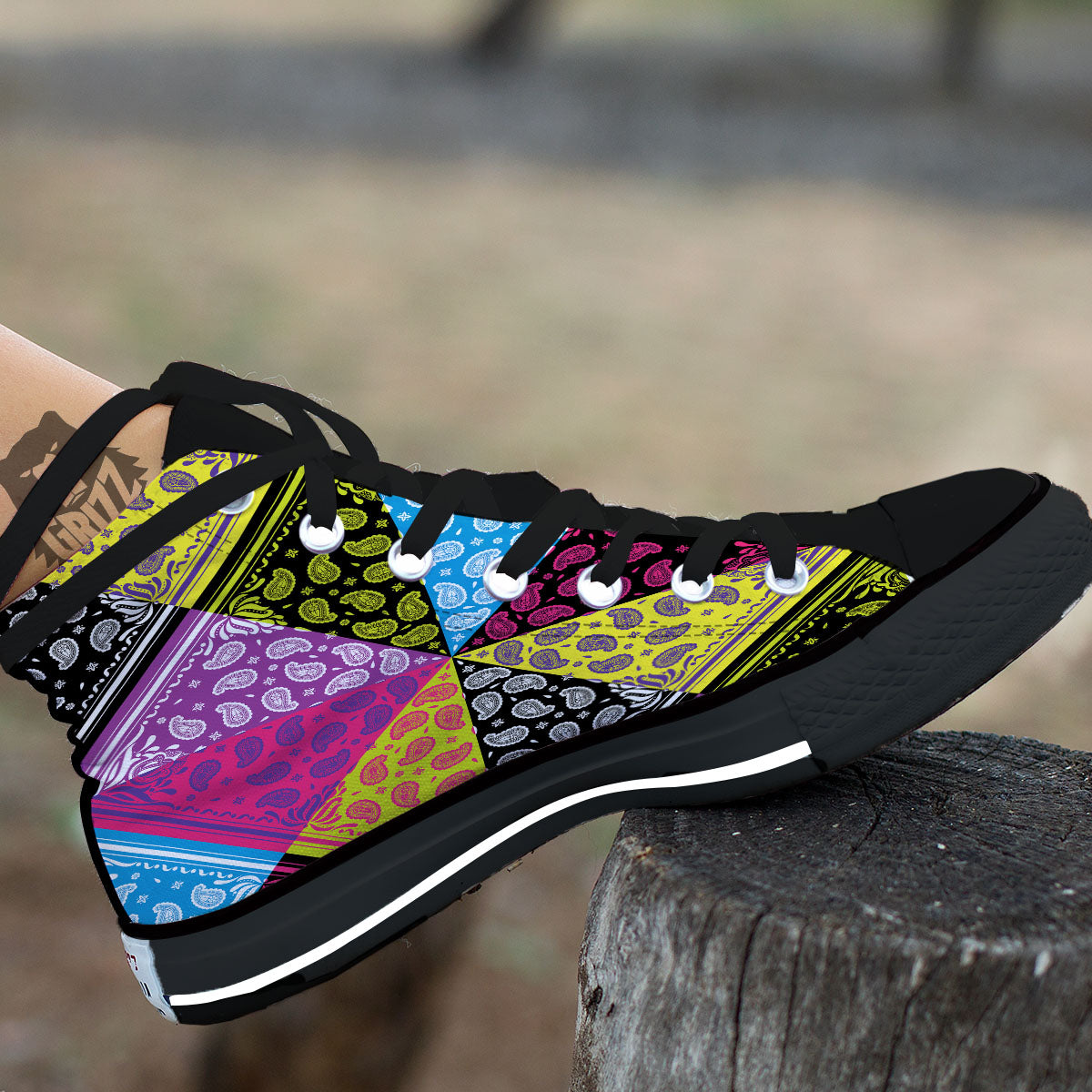 Bandana Paisley Colorful Square Print Black High Top Shoes-grizzshop