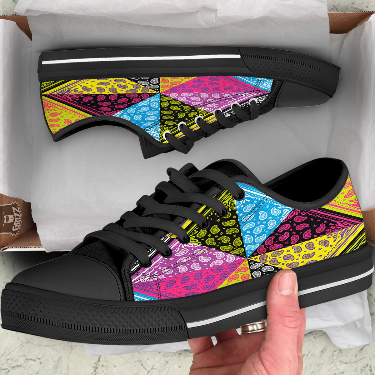 Bandana Paisley Colorful Square Print Black Low Top Shoes-grizzshop