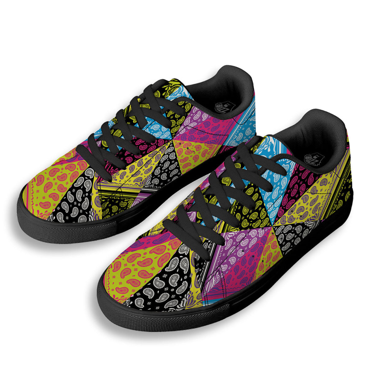 Bandana Paisley Colorful Square Print Black Low Top Sneakers-grizzshop