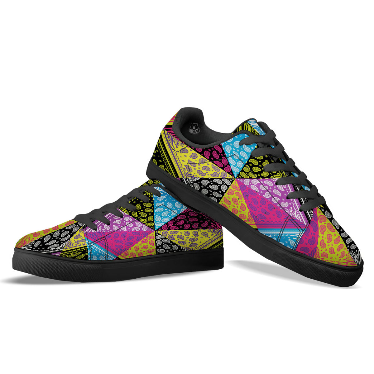 Bandana Paisley Colorful Square Print Black Low Top Sneakers-grizzshop