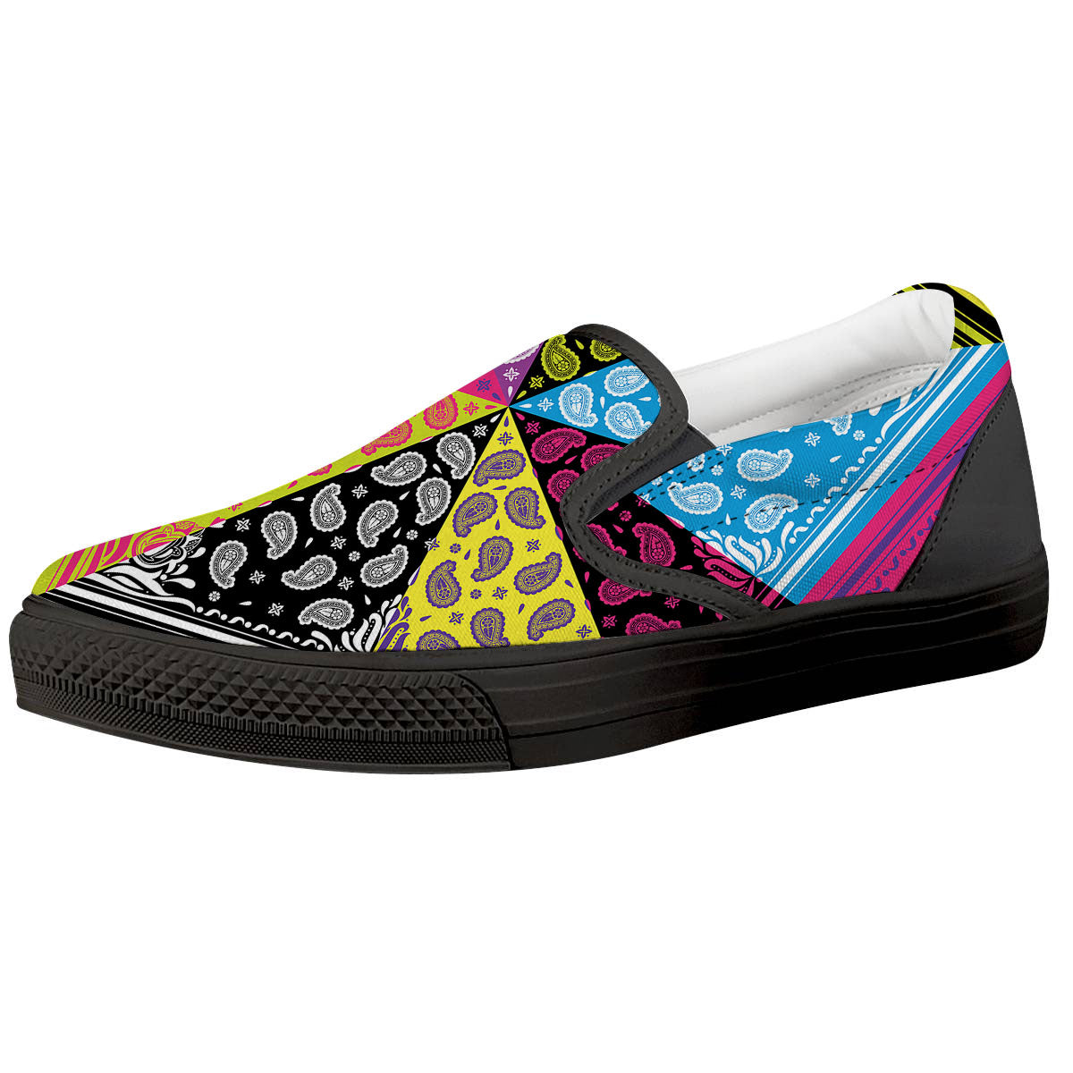 Bandana Paisley Colorful Square Print Black Slip On Shoes-grizzshop