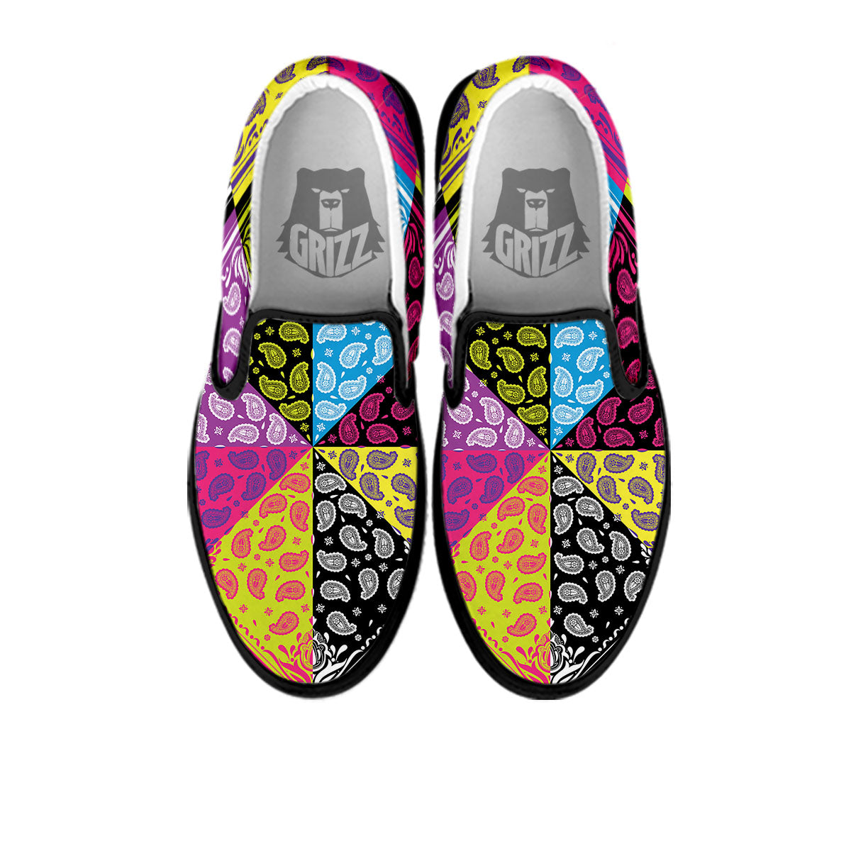 Bandana Paisley Colorful Square Print Black Slip On Shoes-grizzshop