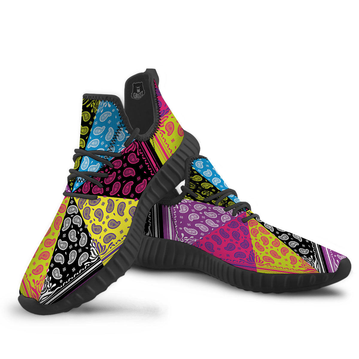 Bandana Paisley Colorful Square Print Black Walking Shoes-grizzshop