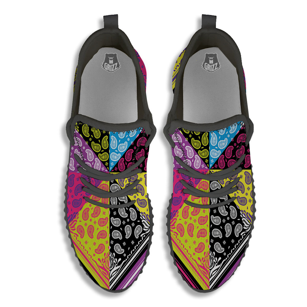 Bandana Paisley Colorful Square Print Black Walking Shoes-grizzshop