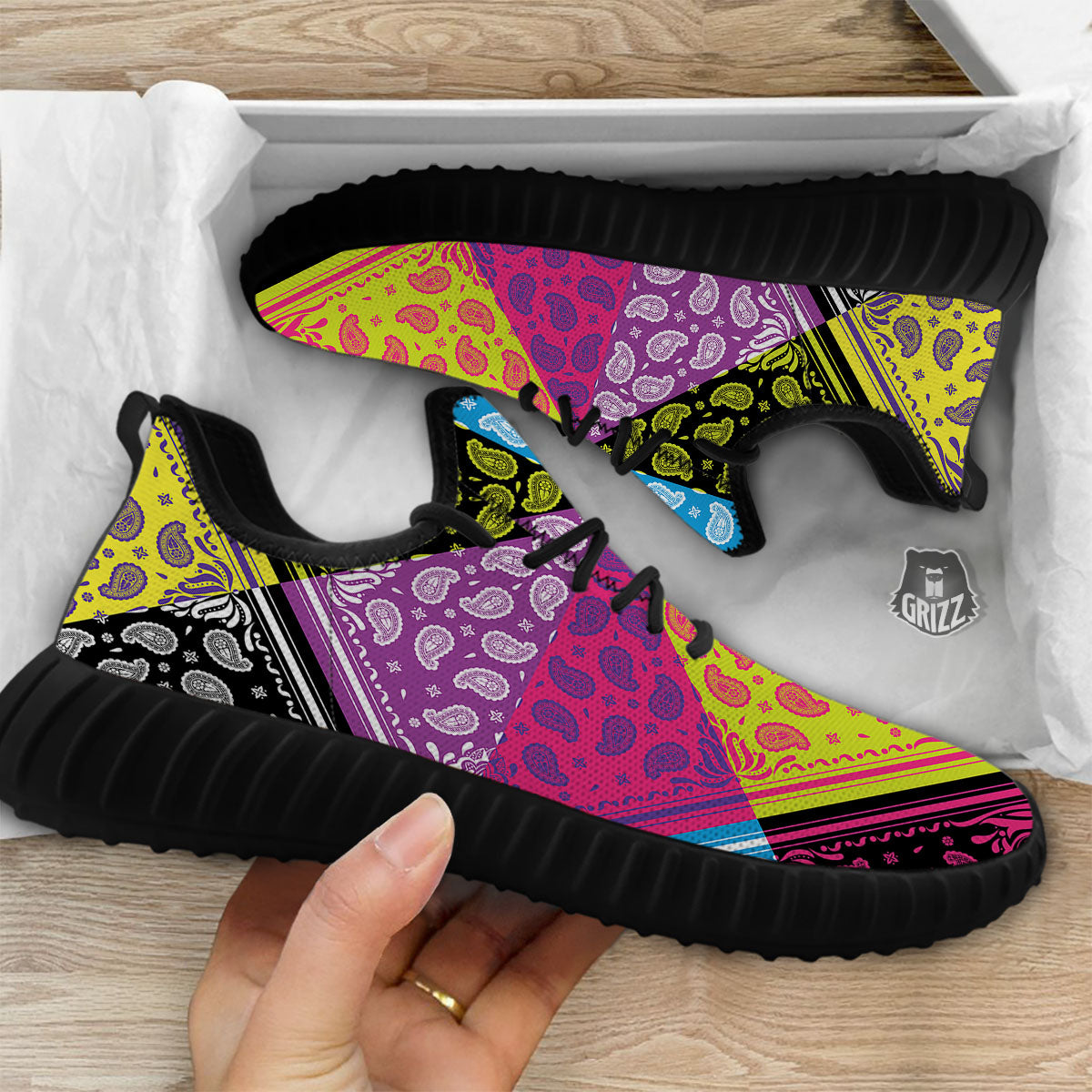 Bandana Paisley Colorful Square Print Black Walking Shoes-grizzshop