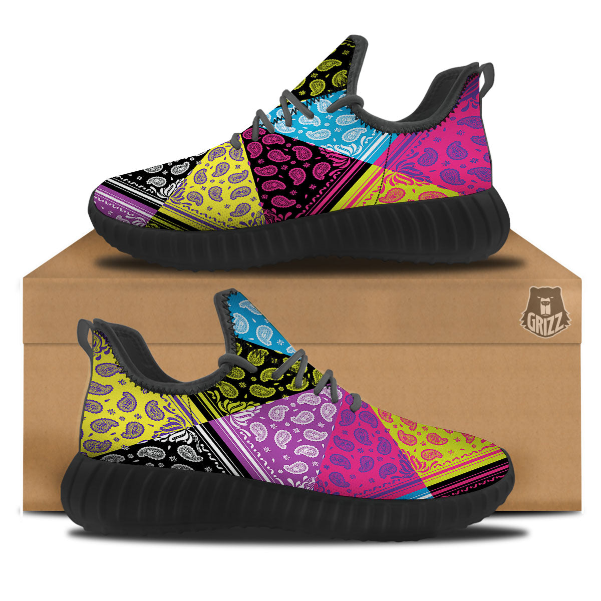Bandana Paisley Colorful Square Print Black Walking Shoes-grizzshop
