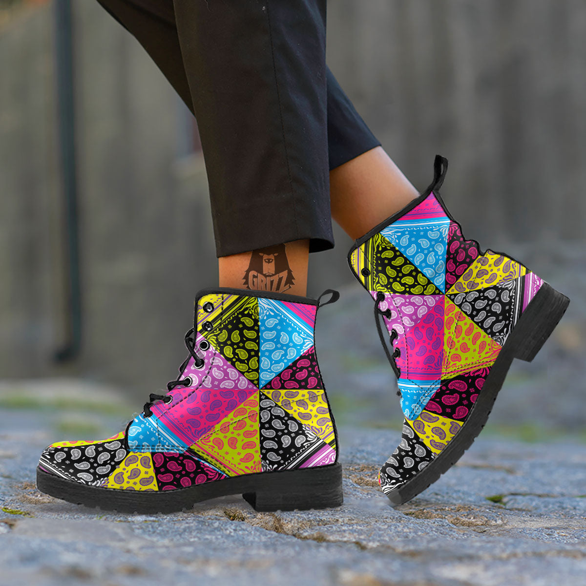 Bandana Paisley Colorful Square Print Leather Boots-grizzshop