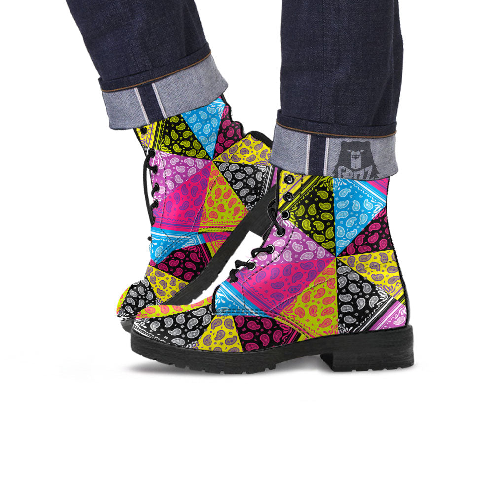Bandana Paisley Colorful Square Print Leather Boots-grizzshop