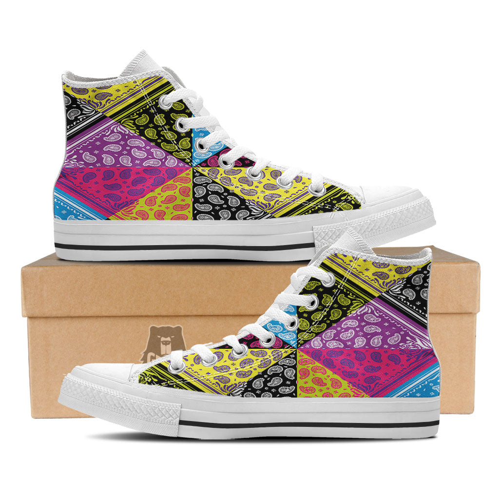 Bandana Paisley Colorful Square Print White High Top Shoes-grizzshop