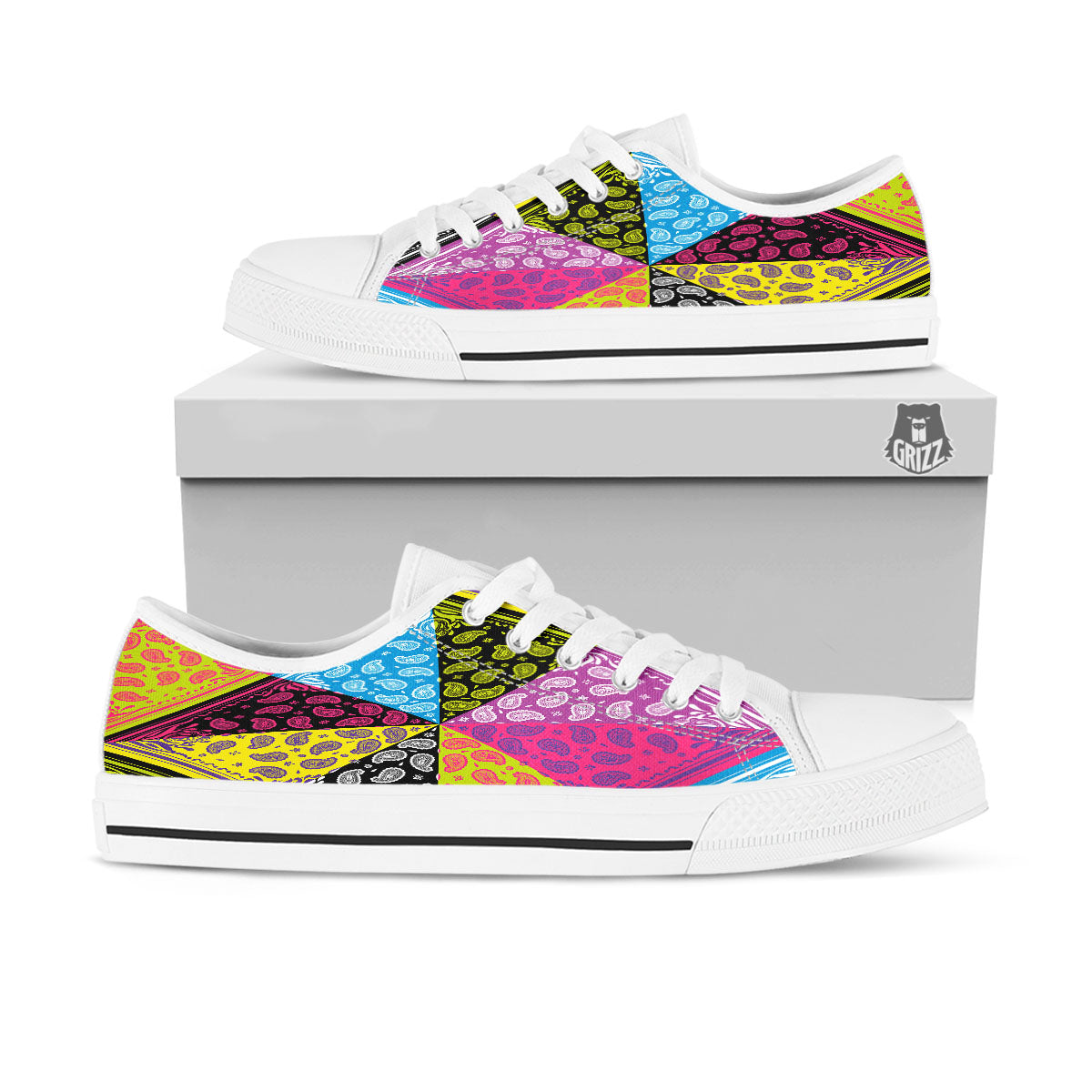 Bandana Paisley Colorful Square Print White Low Top Shoes-grizzshop