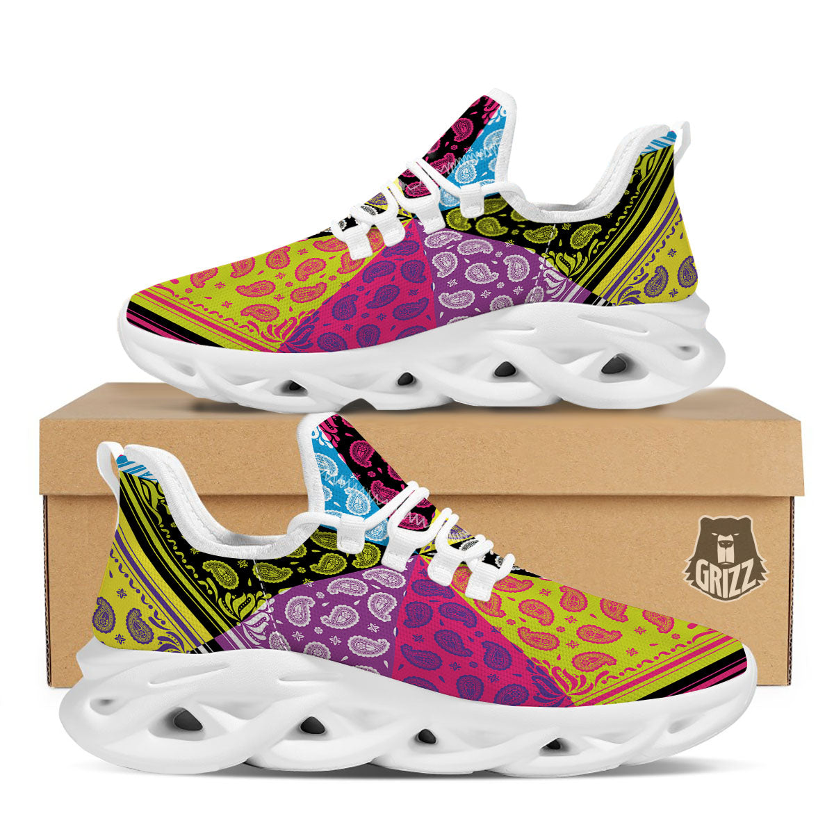 Bandana Paisley Colorful Square Print White Running Shoes-grizzshop