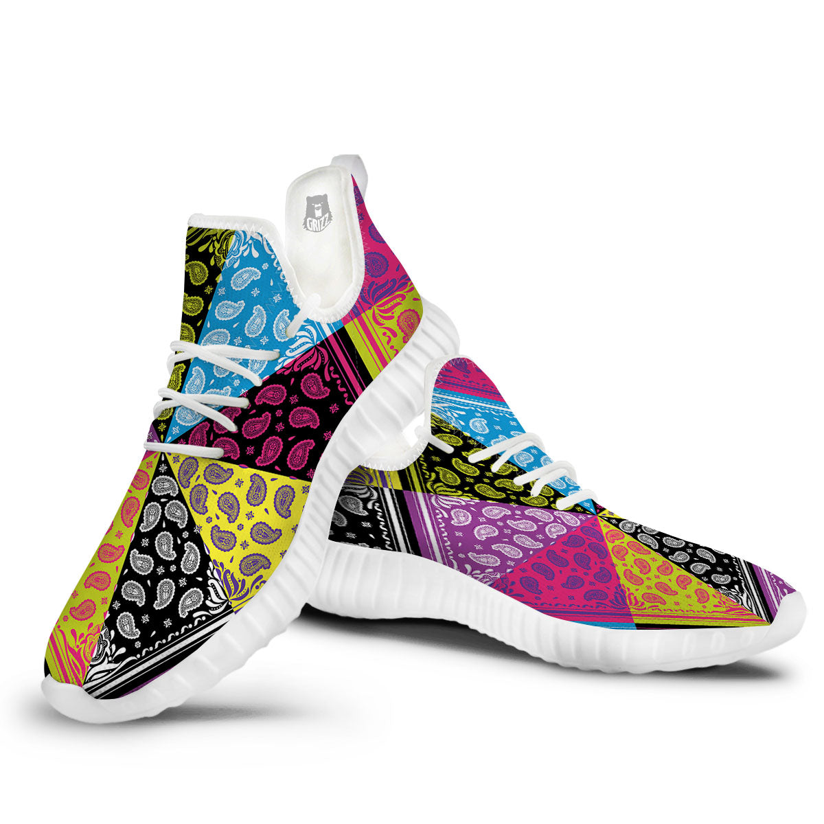 Bandana Paisley Colorful Square Print White Walking Shoes-grizzshop