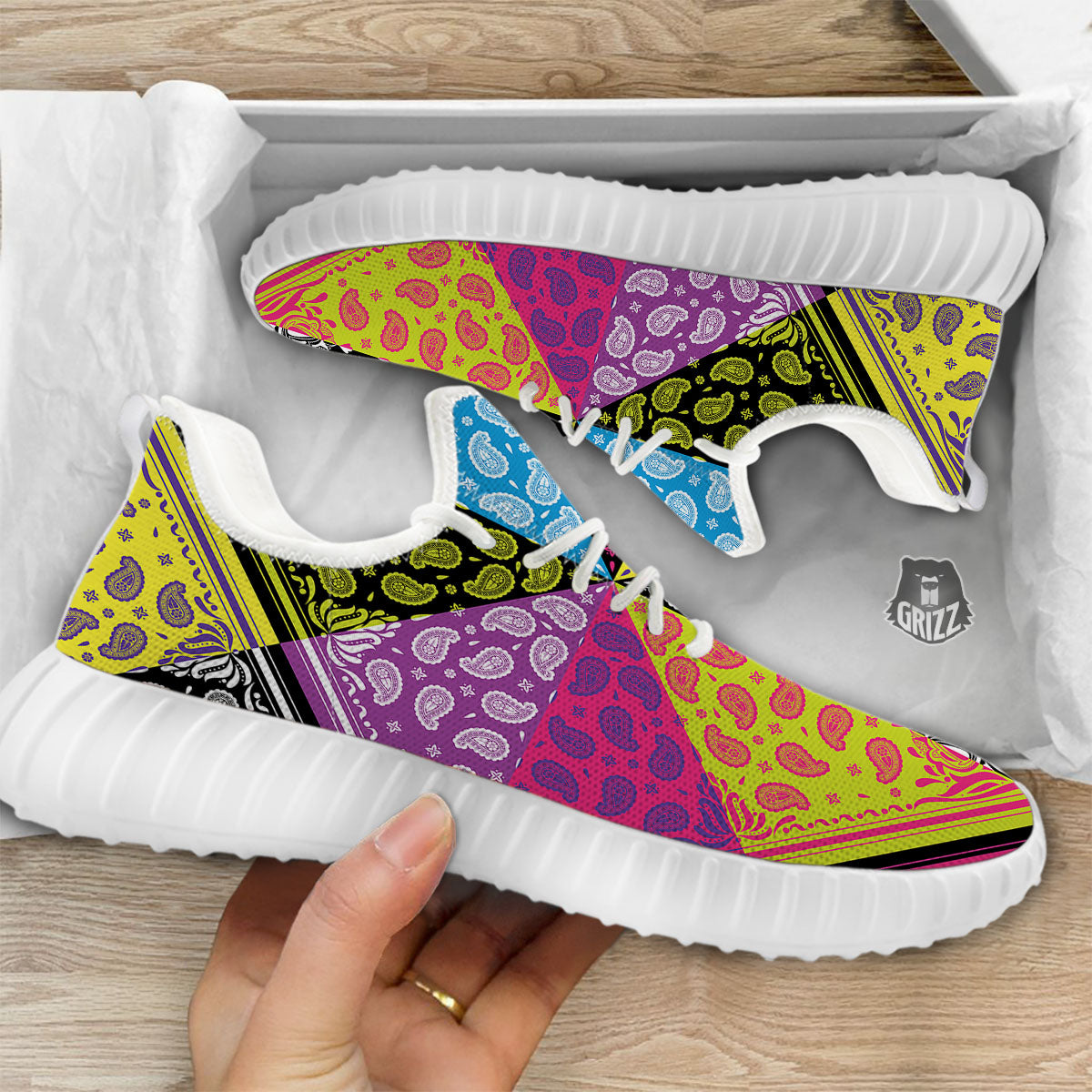 Bandana Paisley Colorful Square Print White Walking Shoes-grizzshop