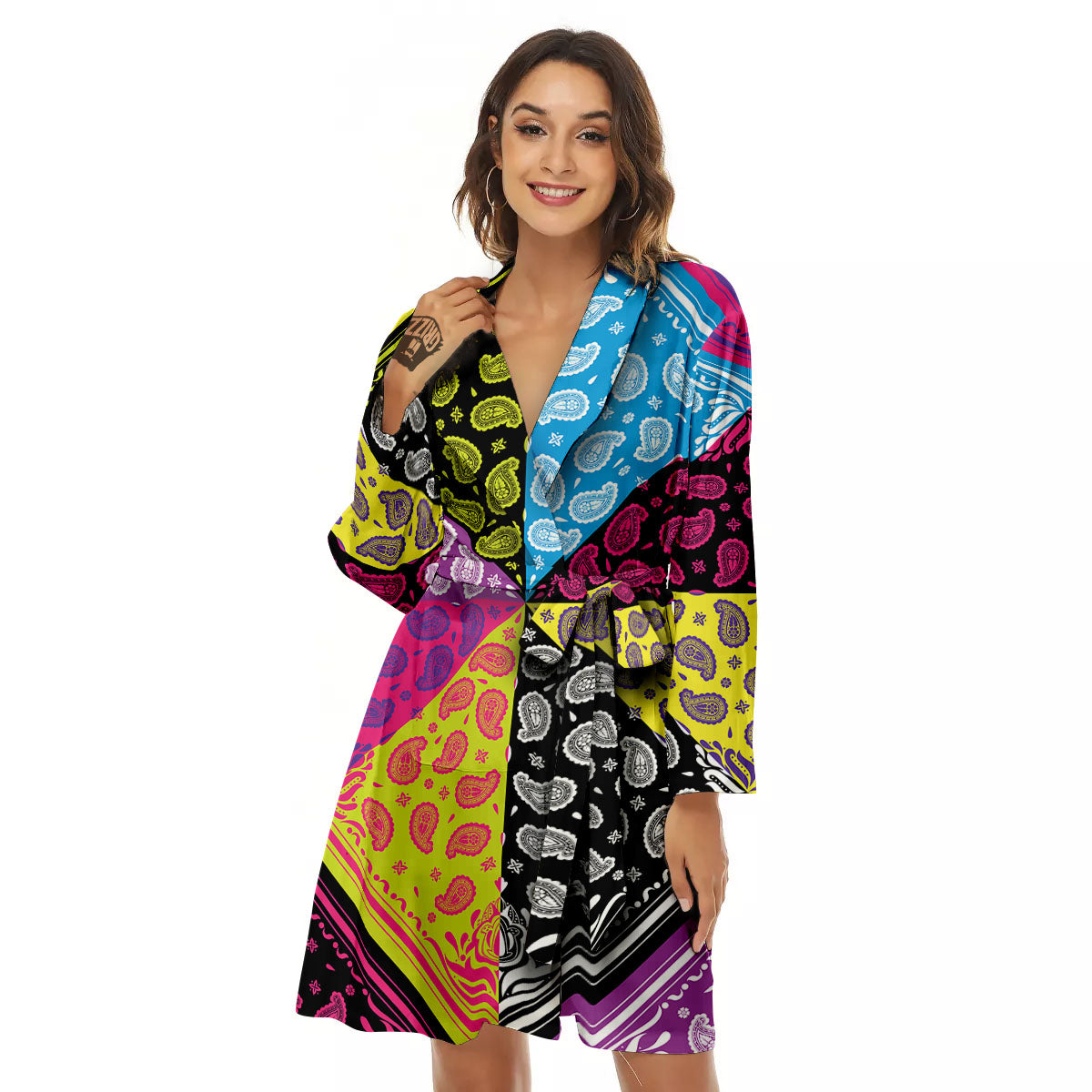 Bandana Paisley Colorful Square Print Women's Robe-grizzshop