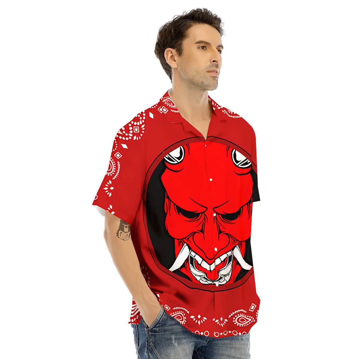 Bandana Red Hannya Demon Print Men's Hawaiian Shirt-grizzshop
