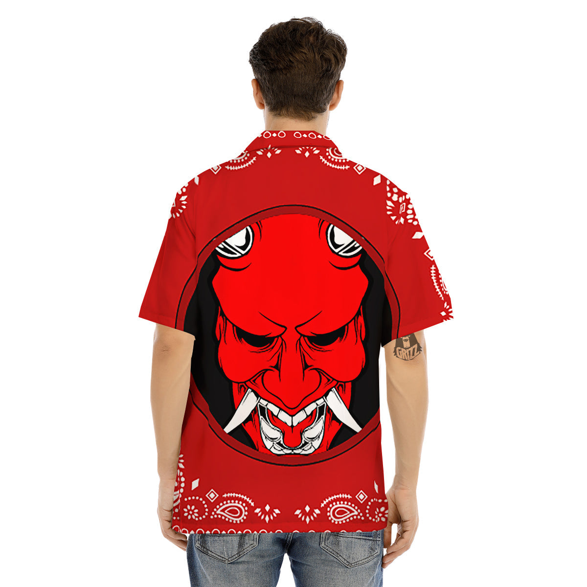 Bandana Red Hannya Demon Print Men's Hawaiian Shirt-grizzshop