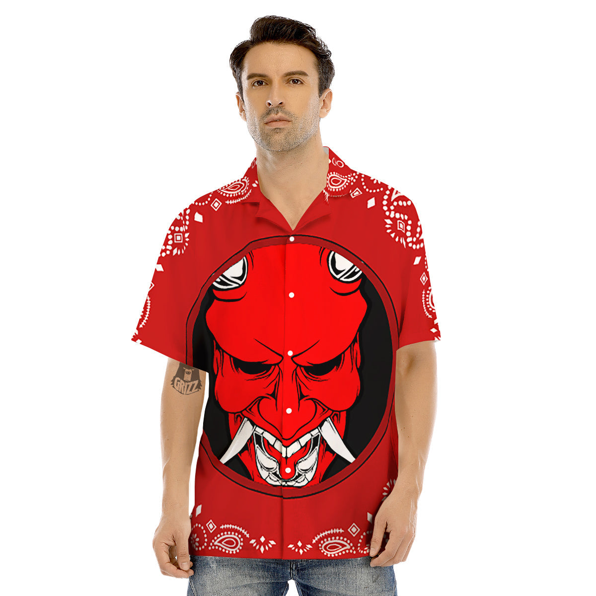 Bandana Red Hannya Demon Print Men's Hawaiian Shirt-grizzshop