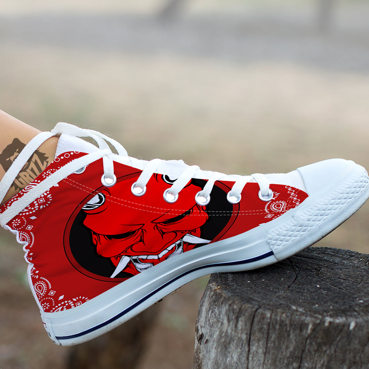 Bandana Red Hannya Demon Print White High Top Shoes-grizzshop