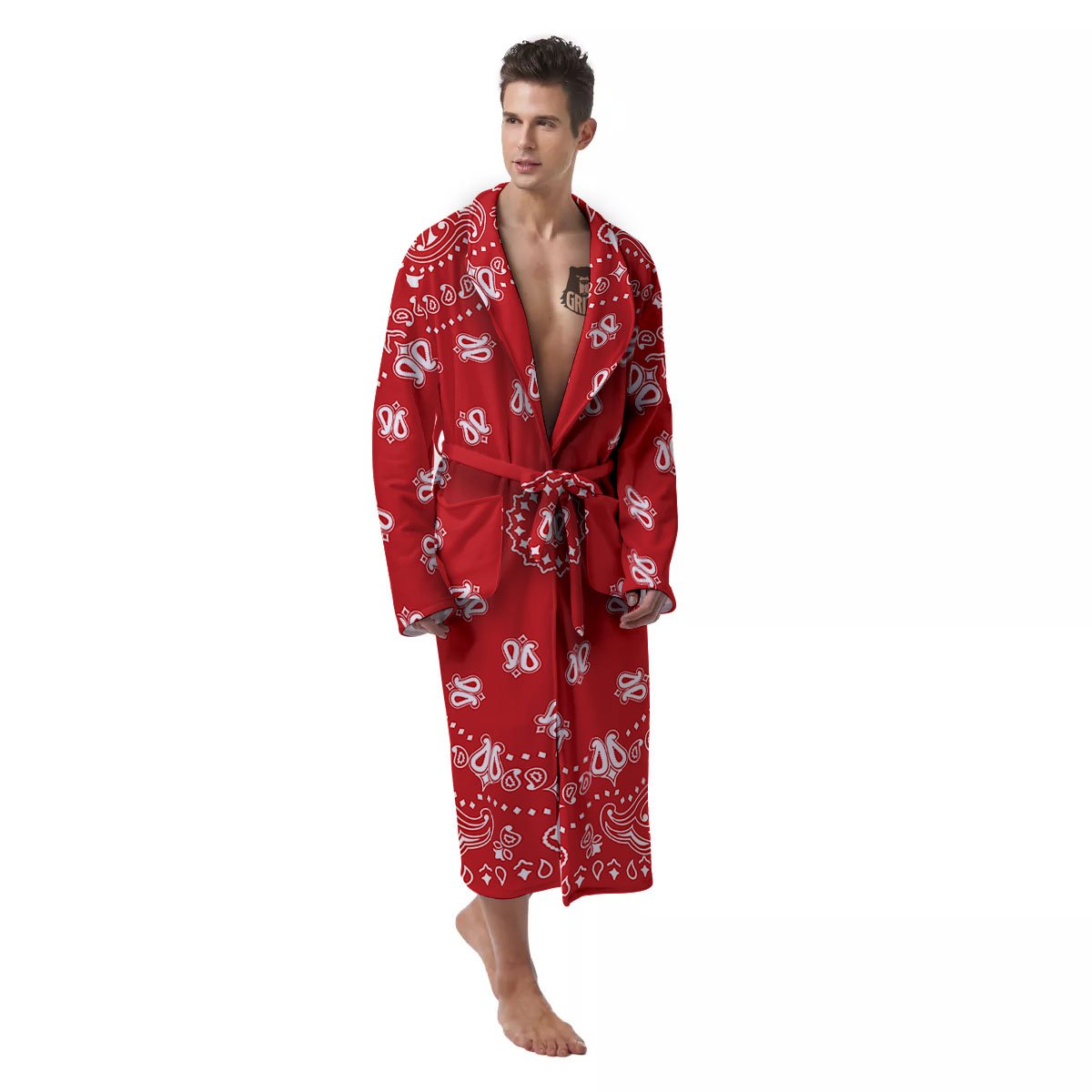 Bandana Red Paisley Print Men's Robe-grizzshop