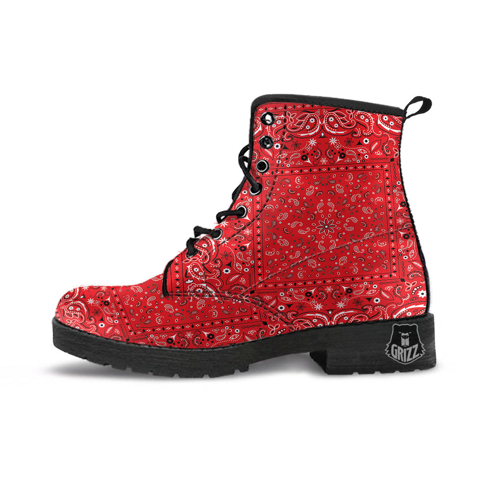 Bandana Red Paisley Print Pattern Leather Boots-grizzshop
