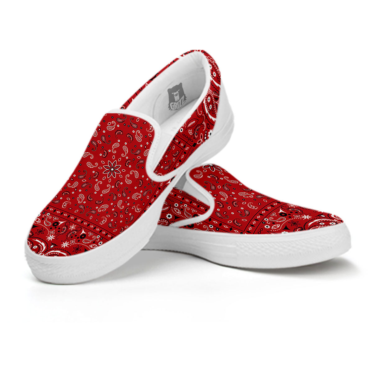 Bandana Red Paisley Print Pattern White Slip On Shoes-grizzshop