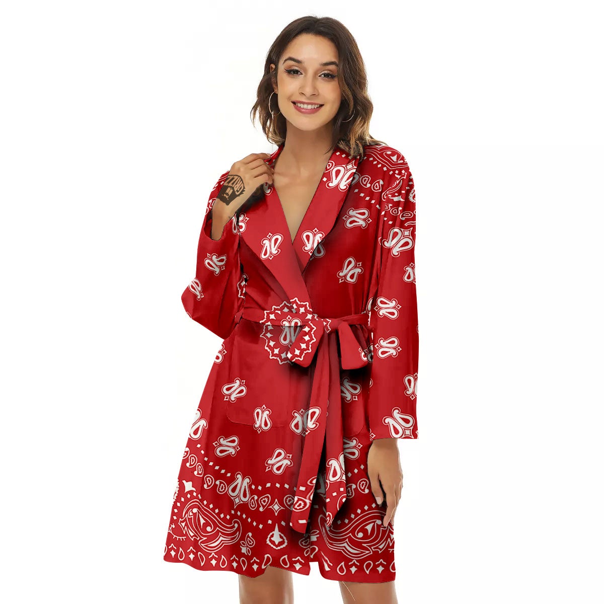 Bandana Red Paisley Print Women's Robe-grizzshop