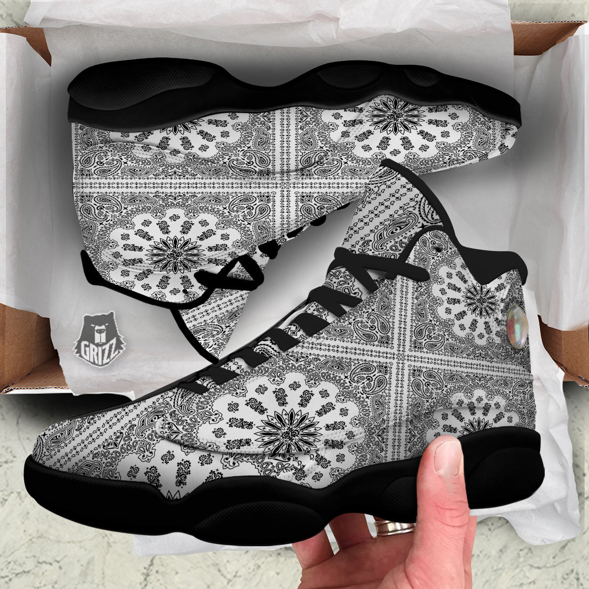 Bandana White And Black Paisley Print Pattern Black Basketball Shoes-grizzshop