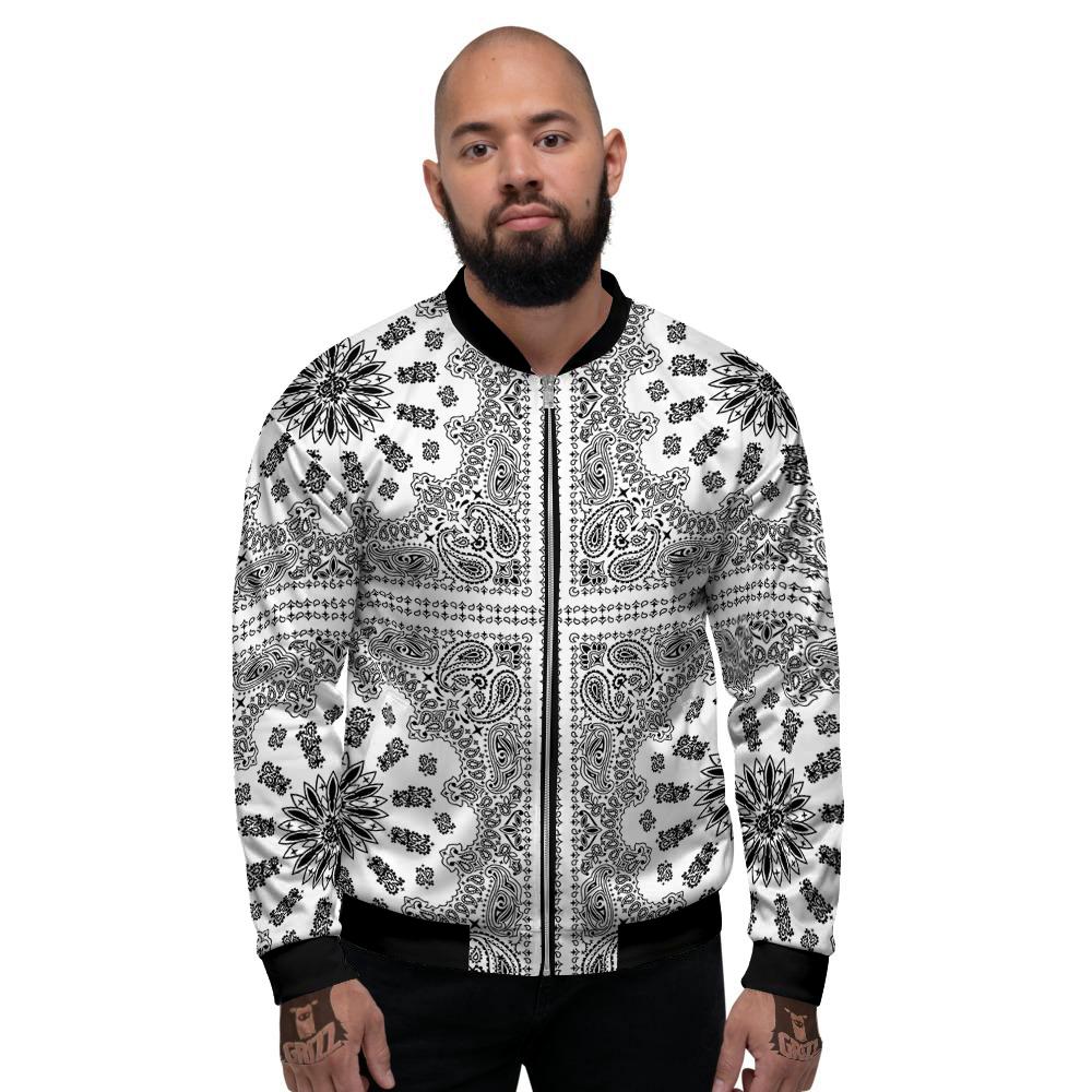 Bandana White And Black Paisley Print Pattern Men's Bomber Jacket-grizzshop