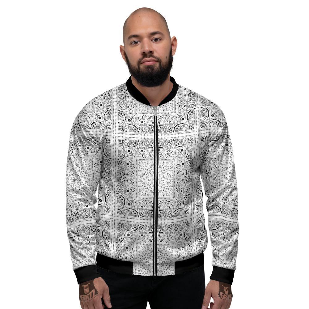 Bandana White Paisley Print Pattern Men's Bomber Jacket-grizzshop