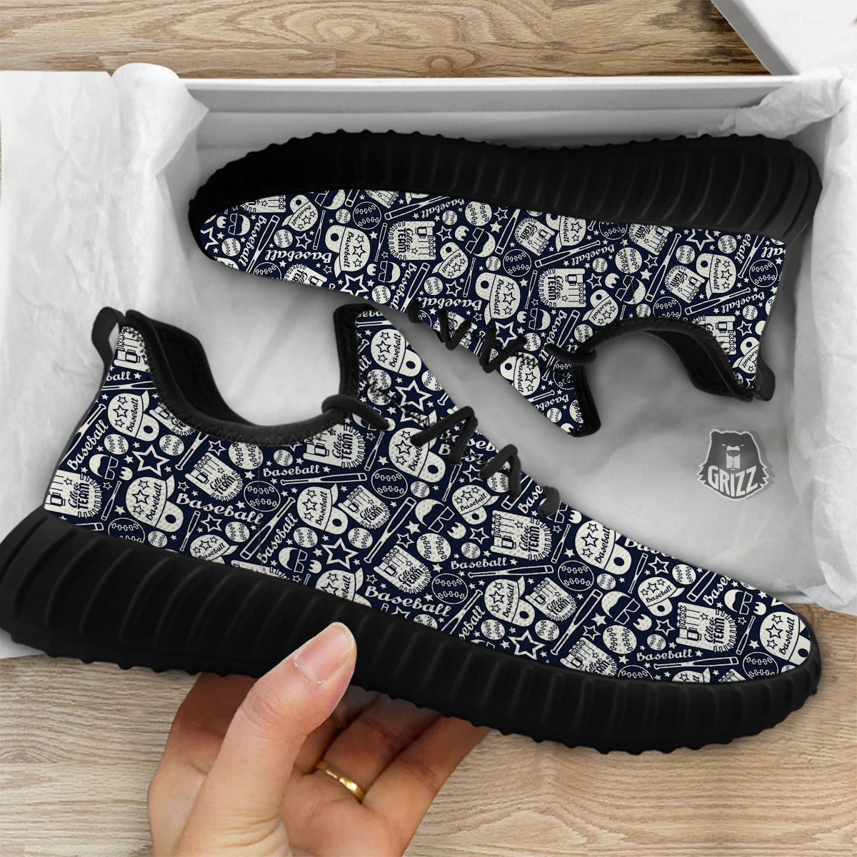 Baseball Black Print Pattern Black Walking Shoes-grizzshop