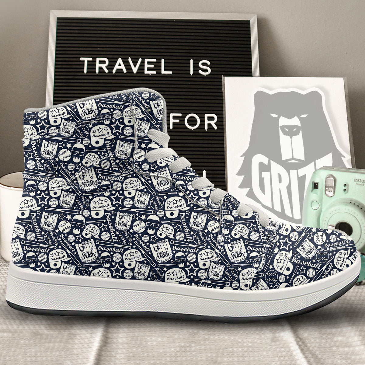Baseball Black Print Pattern High Top Sneakers-grizzshop