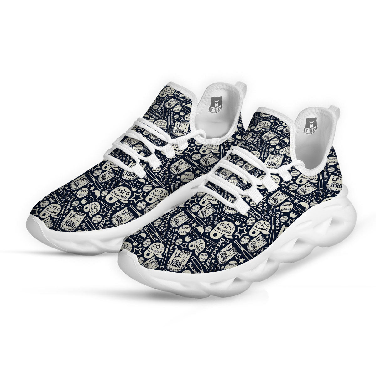 Baseball Black Print Pattern White Running Shoes-grizzshop