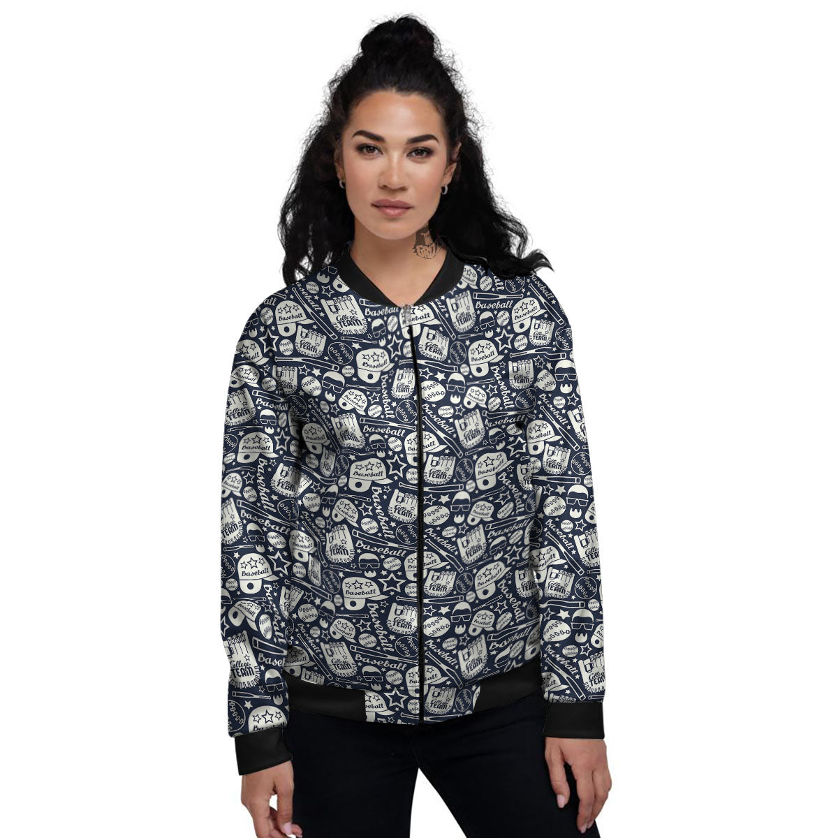 Baseball Black Print Pattern Women's Bomber Jacket-grizzshop