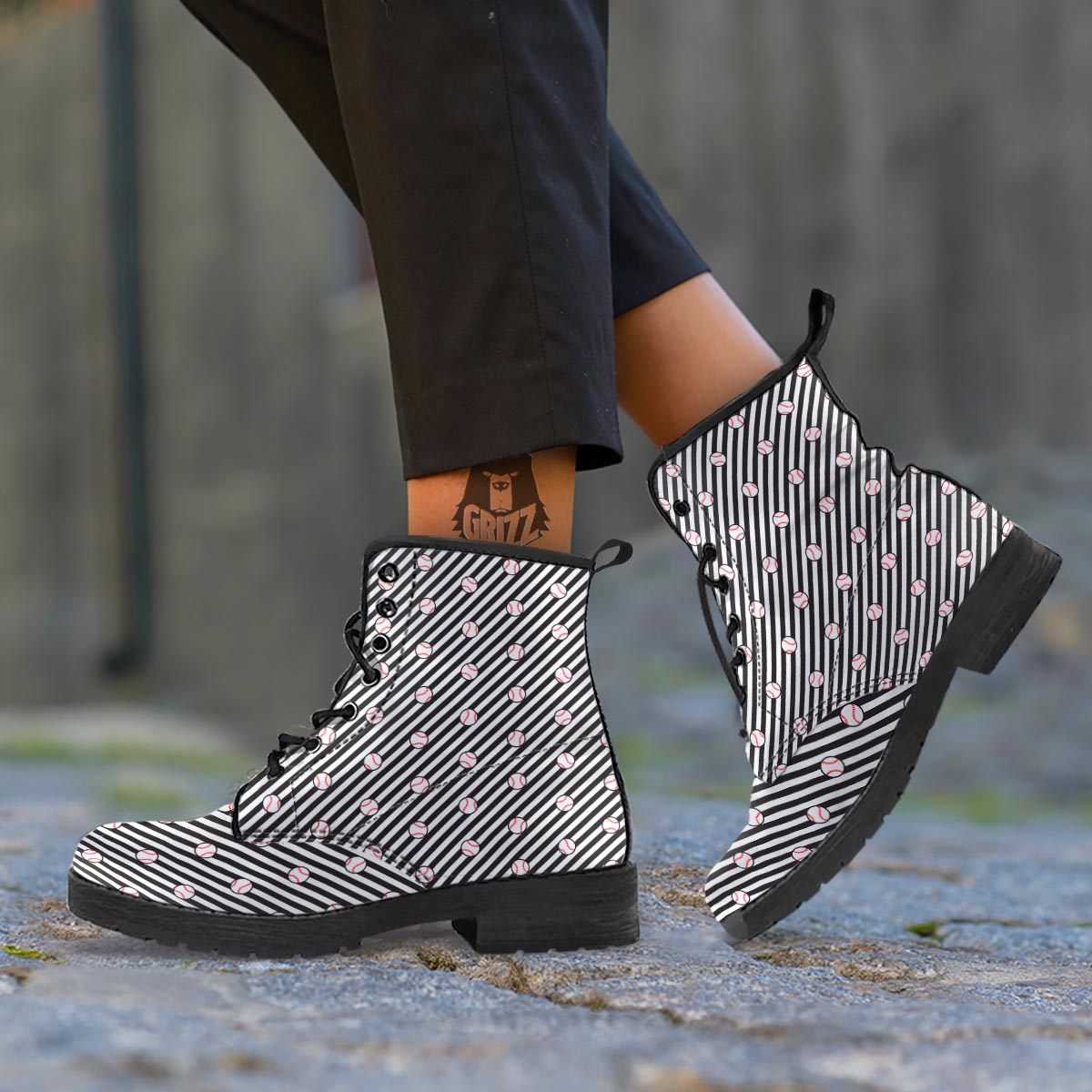 Baseball Black Striped Print Pattern Leather Boots-grizzshop