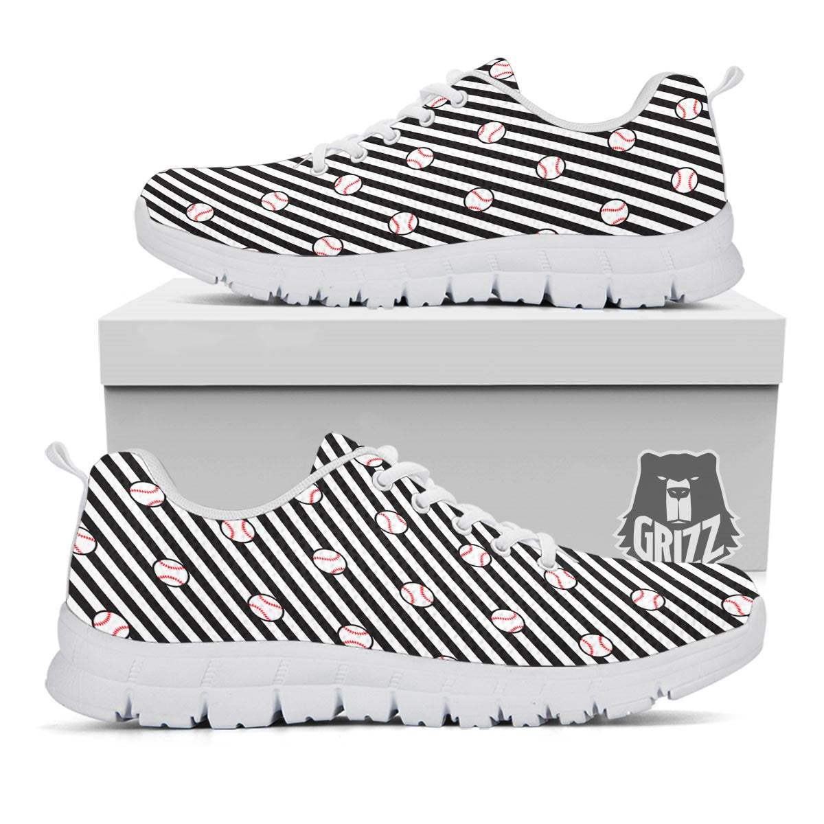 Baseball Black Striped Print Pattern White Sneaker-grizzshop