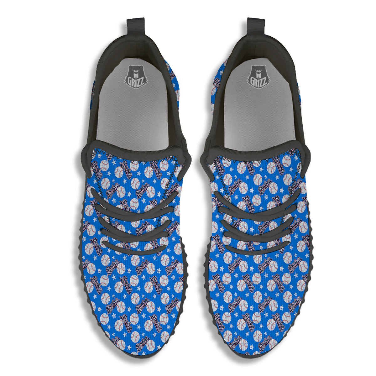 Baseball Blue Print Pattern Black Walking Shoes-grizzshop