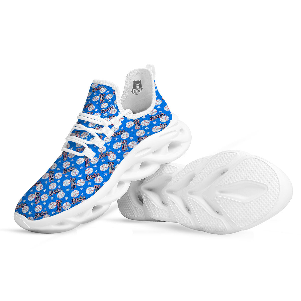 Baseball Blue Print Pattern White Running Shoes-grizzshop