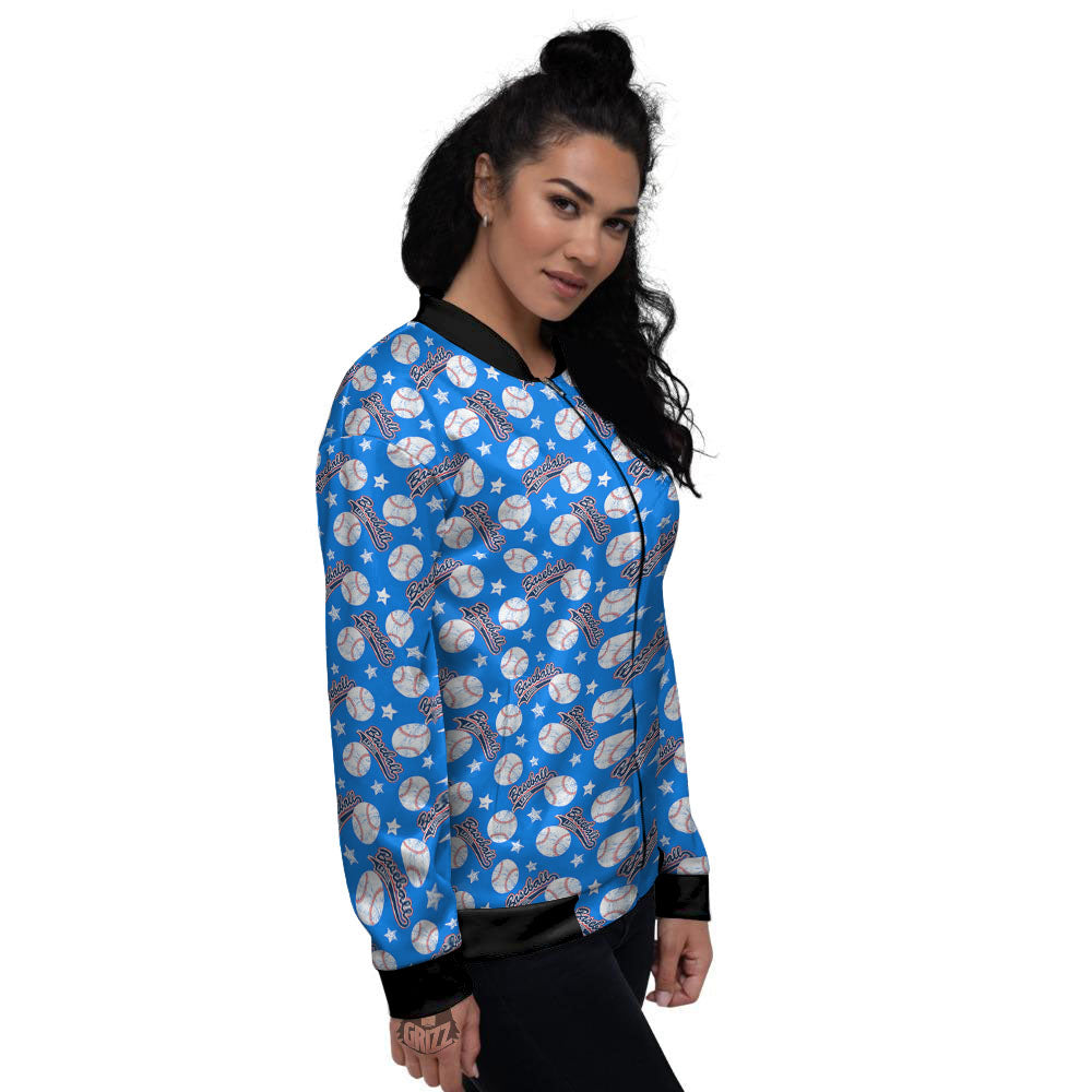 Baseball Blue Print Pattern Women's Bomber Jacket-grizzshop