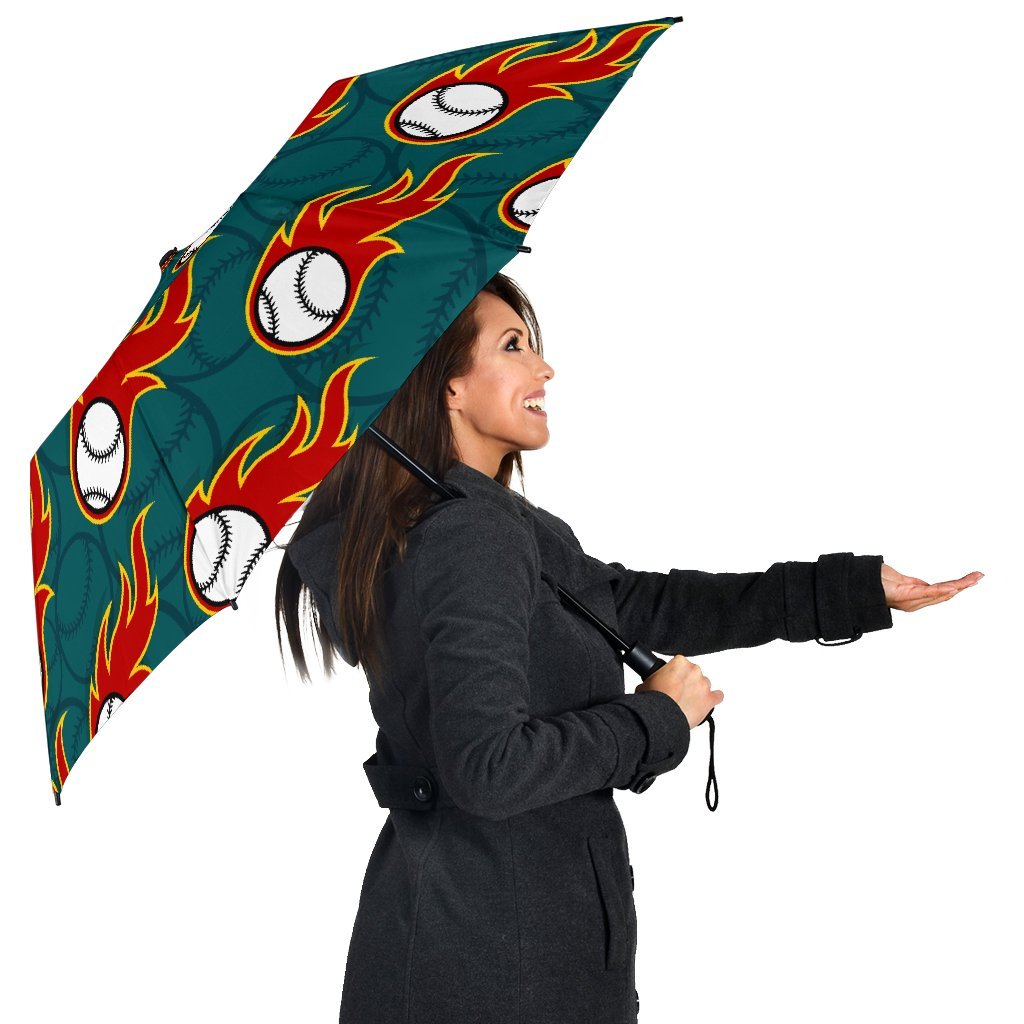 Baseball Fire Pattern Print Automatic Foldable Umbrella-grizzshop