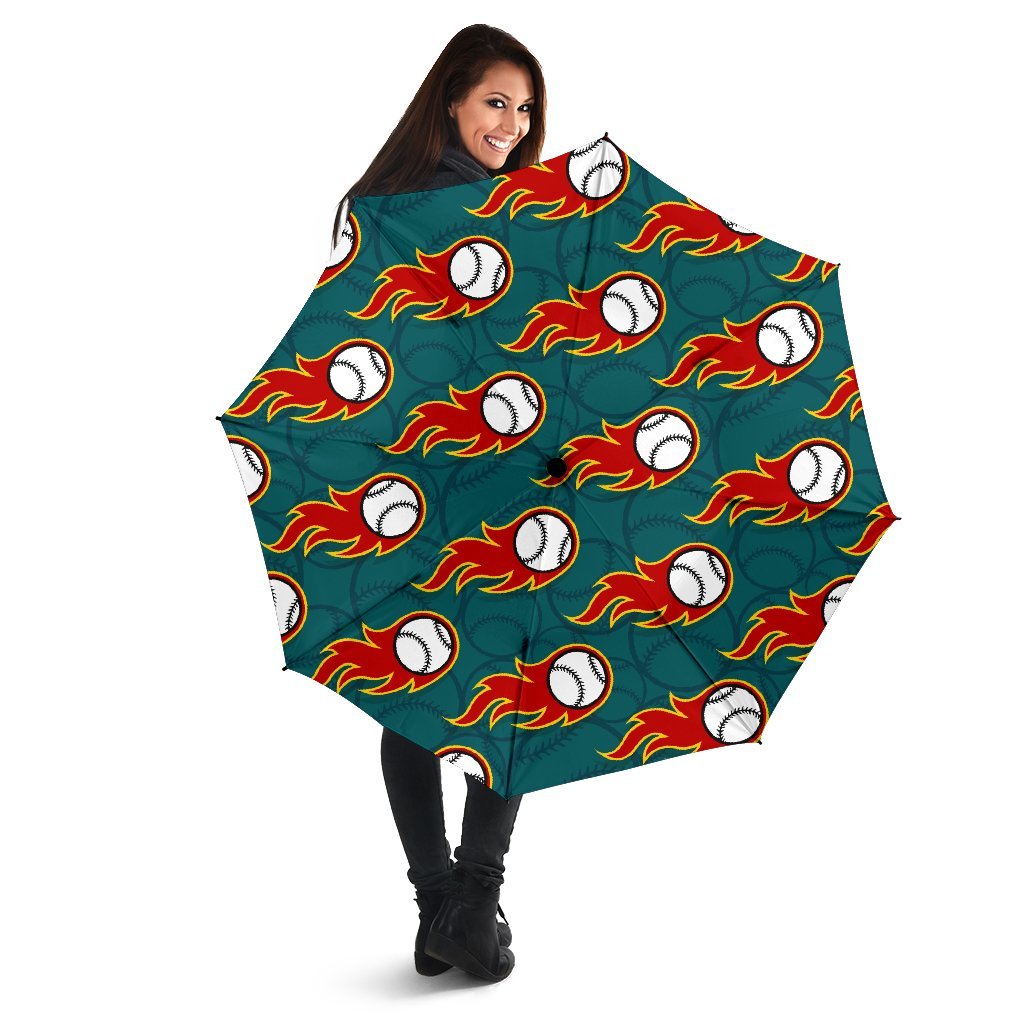 Baseball Fire Pattern Print Automatic Foldable Umbrella-grizzshop