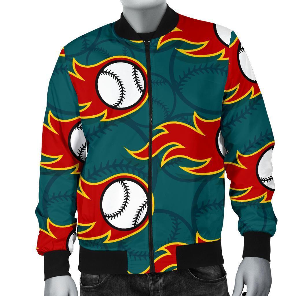 Baseball Fire Pattern Print Men's Bomber Jacket-grizzshop