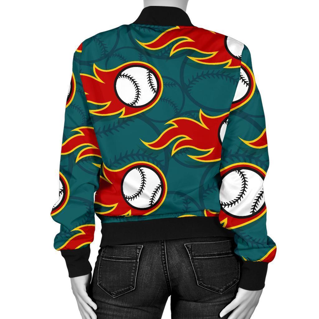 Baseball Fire Pattern Print Women Casual Bomber Jacket-grizzshop