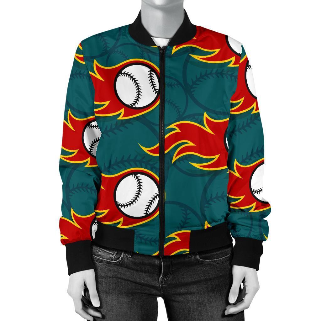 Baseball Fire Pattern Print Women Casual Bomber Jacket-grizzshop