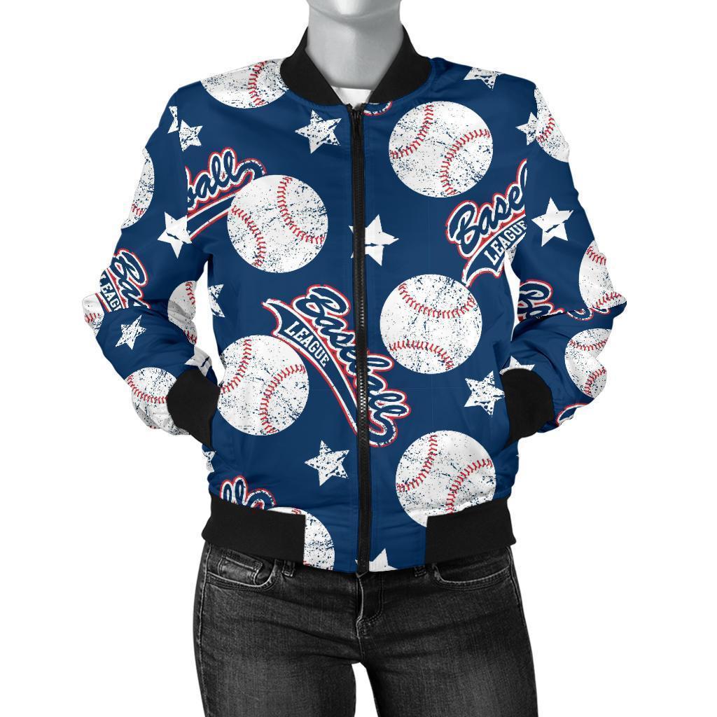 Baseball League Print Pattern Women Casual Bomber Jacket-grizzshop