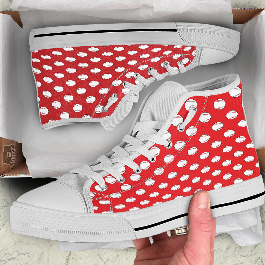 Baseball Red Print Pattern White High Top Shoes-grizzshop