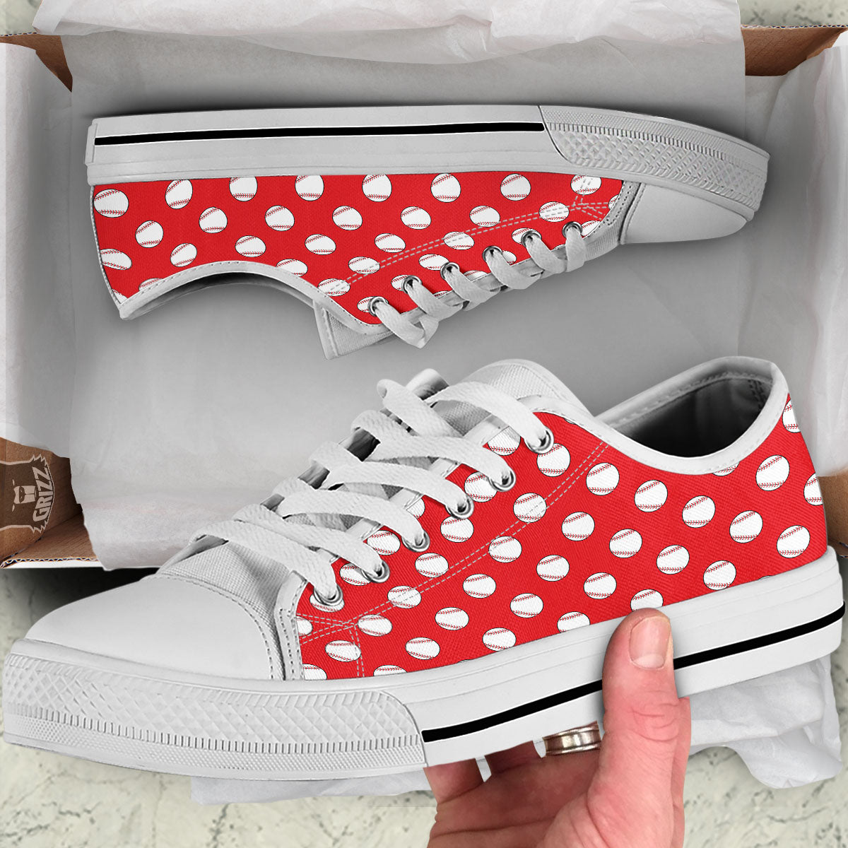 Baseball Red Print Pattern White Low Top Shoes-grizzshop