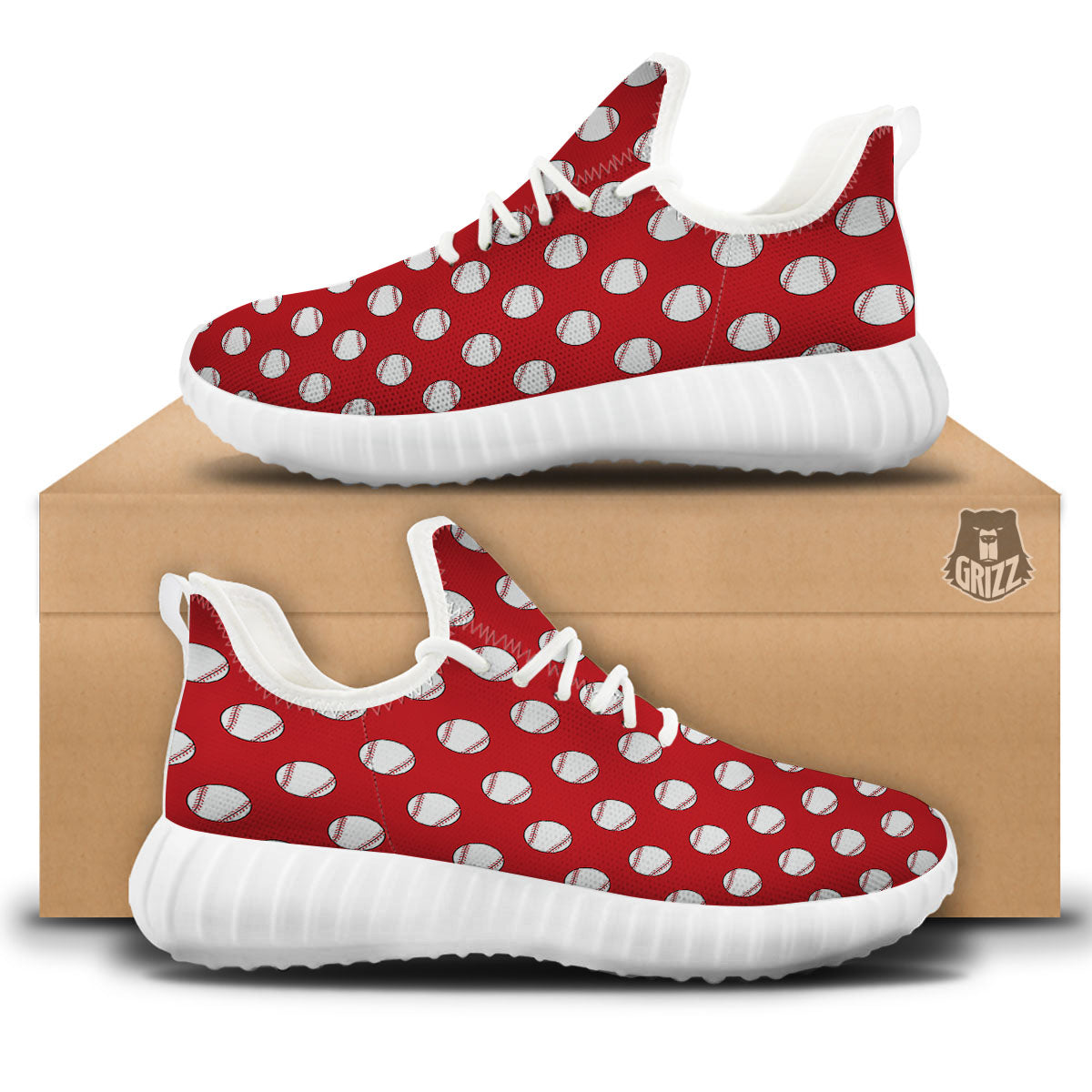 Baseball Red Print Pattern White Walking Shoes-grizzshop