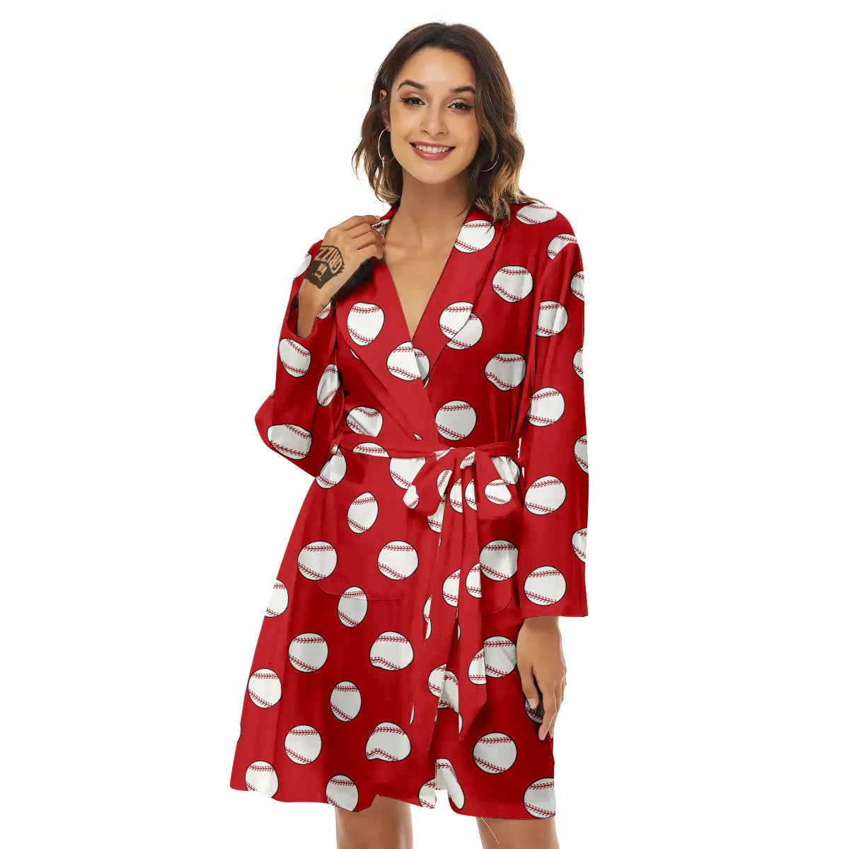 Baseball Red Print Pattern Women's Robe-grizzshop
