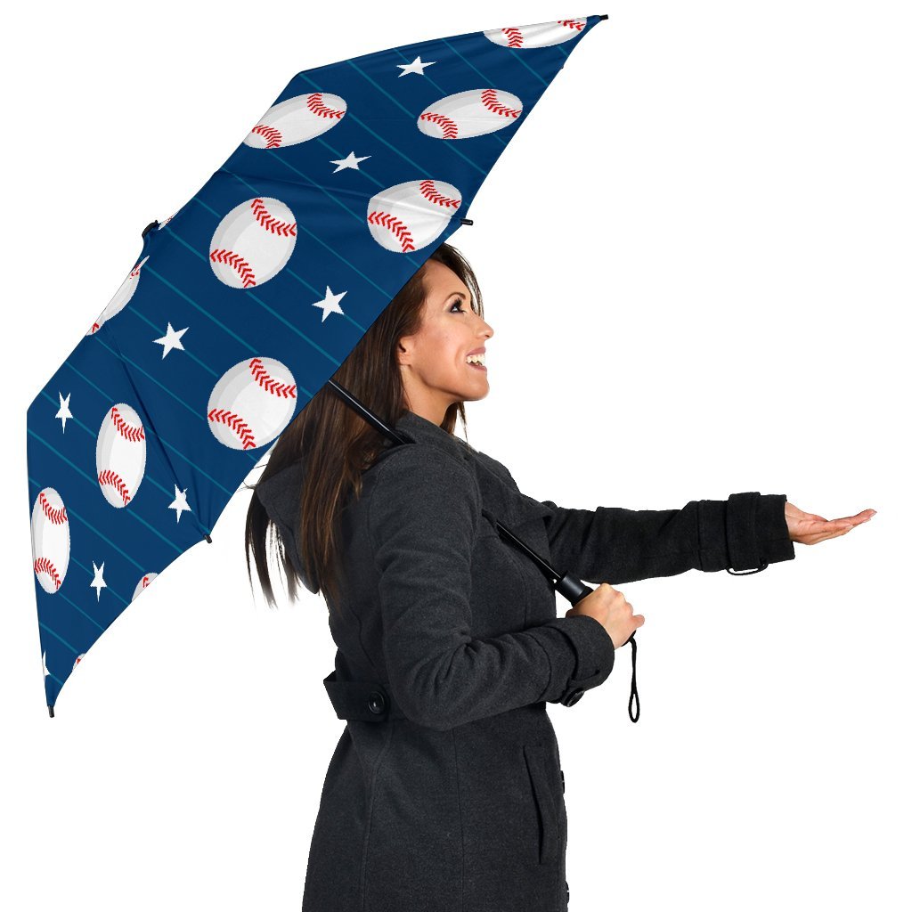 Baseball Star Pattern Print Automatic Foldable Umbrella-grizzshop